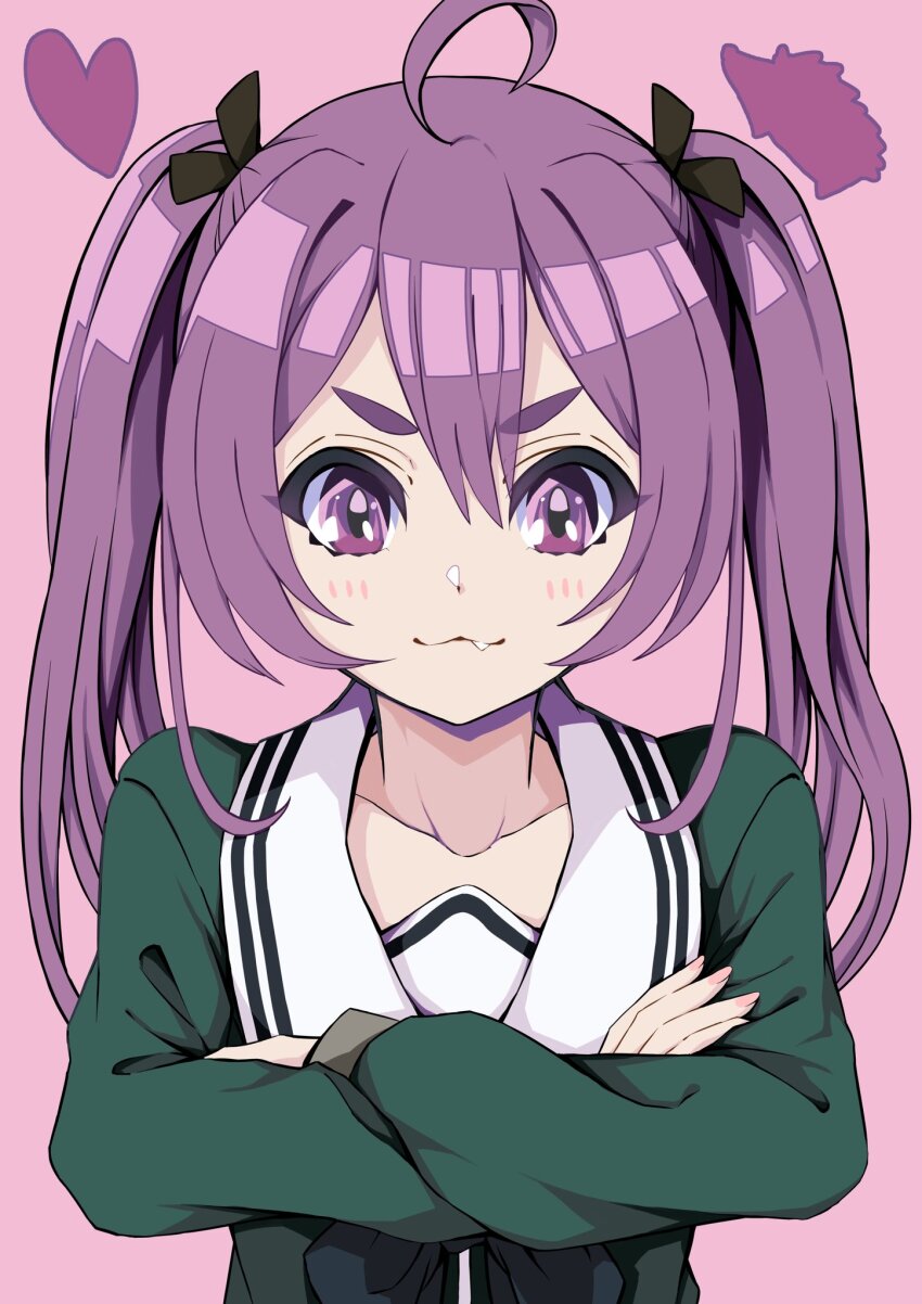 1girl 22/7 :3 ahoge black_bow black_bowtie blush bow bowtie closed_mouth collarbone crossed_arms fang green_shirt heart highres lionmaru0808 long_hair long_sleeves looking_at_viewer portrait purple_background purple_eyes purple_hair rokubanchou_school_uniform sailor_collar school_uniform serafuku shirt solo tojo_yuki twintails v-shaped_eyebrows white_sailor_collar winter_uniform