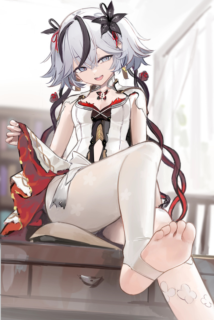 1girl :d absurdres breasts camellya_(wuthering_waves) desk dress flower from_below grey_eyes hair_flower hair_ornament hair_vines highres indoors multicolored_hair nagata_gata no_shoes on_desk open_mouth pantyhose sitting small_breasts smile solo stirrup_legwear streaked_hair toeless_legwear white_dress white_hair white_pantyhose wuthering_waves