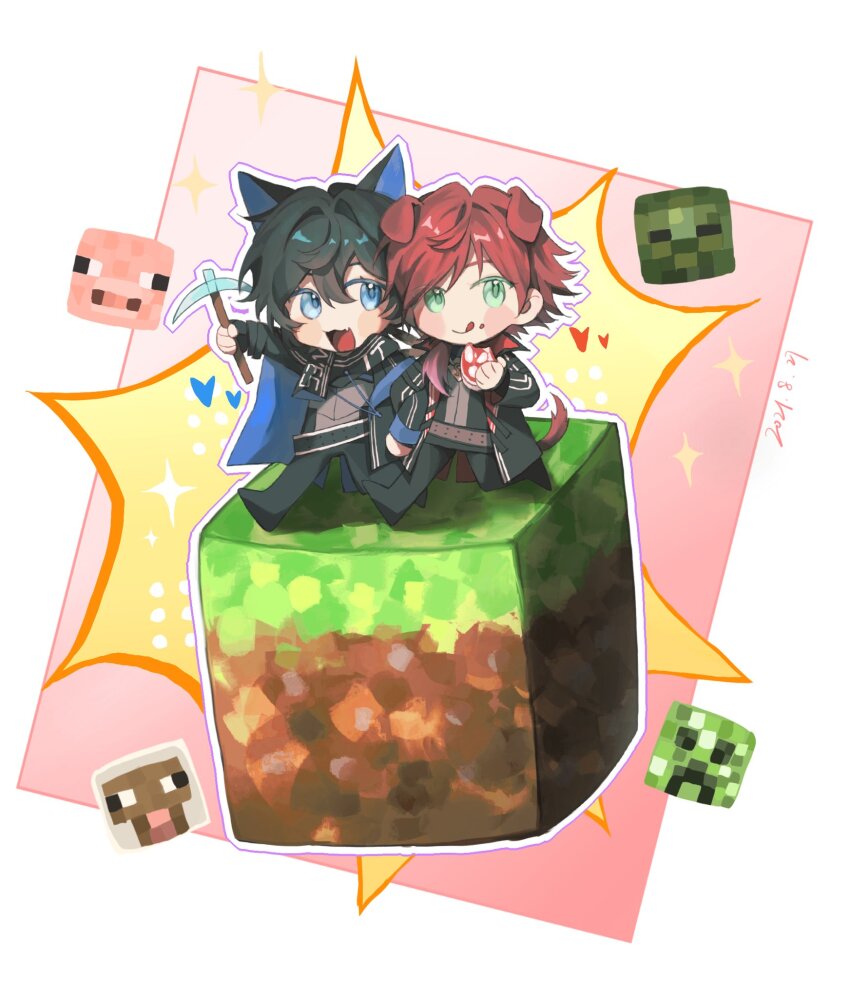2boys animal_ears axia_krone axia_krone_(1st_costume) belt black_belt black_coat black_hair black_pants black_scarf block_(minecraft) blue_cape blue_eyes blush border brown_belt cape cat_ears chibi coat collared_coat colored_eyelashes creeper crumbs dog_ears dog_tags eating floppy_ears food green_eyes grey_shirt head_only heart high_collar highres holding holding_food holding_pickaxe kemonomimi_mode komatsu2536 lauren_iroas lauren_iroas_(1st_costume) locked_arms long_sleeves minecraft minecraft_pickaxe multiple_boys nijisanji open_clothes open_coat open_mouth pants pickaxe pig_(minecraft) pink_background red_hair scarf sheep_(minecraft) shirt short_hair signature smile sparkle tongue tongue_out virtual_youtuber walking white_border yaoi zombie_(minecraft)