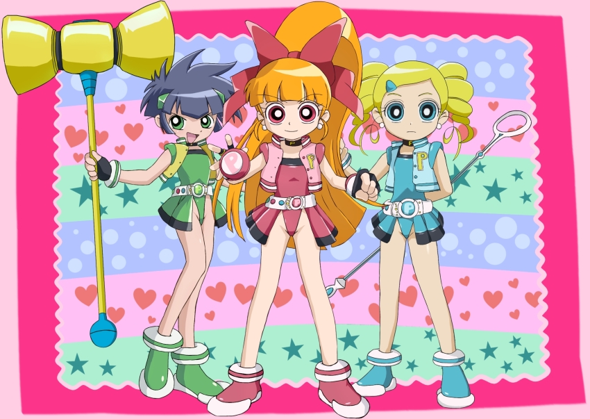 3girls akazutsumi_momoko belt black_hair blonde_hair blue_leotard bow bubble_wand choker drill_hair earrings fingerless_gloves gloves goutokuji_miyako green_eyes green_leotard hair_bow hammer highleg highleg_leotard highres hyper_blossom jewelry leotard long_hair matsubara_kaoru multiple_girls orange_hair ponytail powered_buttercup powerpuff_girls_z raidaman red_leotard rolling_bubbles short_hair sleeveless sleeveless_jacket twin_drills yo-yo