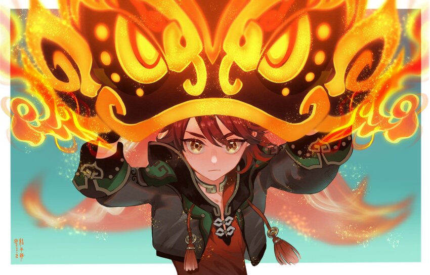 1boy arms_up artist_name border brown_eyes brown_hair closed_mouth commentary_request cropped_jacket drawstring fire gaming_(genshin_impact) genshin_impact grey_jacket hair_between_eyes highres hood hood_down hooded_jacket jacket kippeijii lion_dance long_sleeves looking_at_viewer male_focus mole mole_on_neck multicolored_hair neck_ribbon open_clothes open_jacket outside_border red_hair red_shirt ribbon serious shirt short_hair sleeve_cuffs solo tassel twitter_username upper_body v-shaped_eyebrows white_border