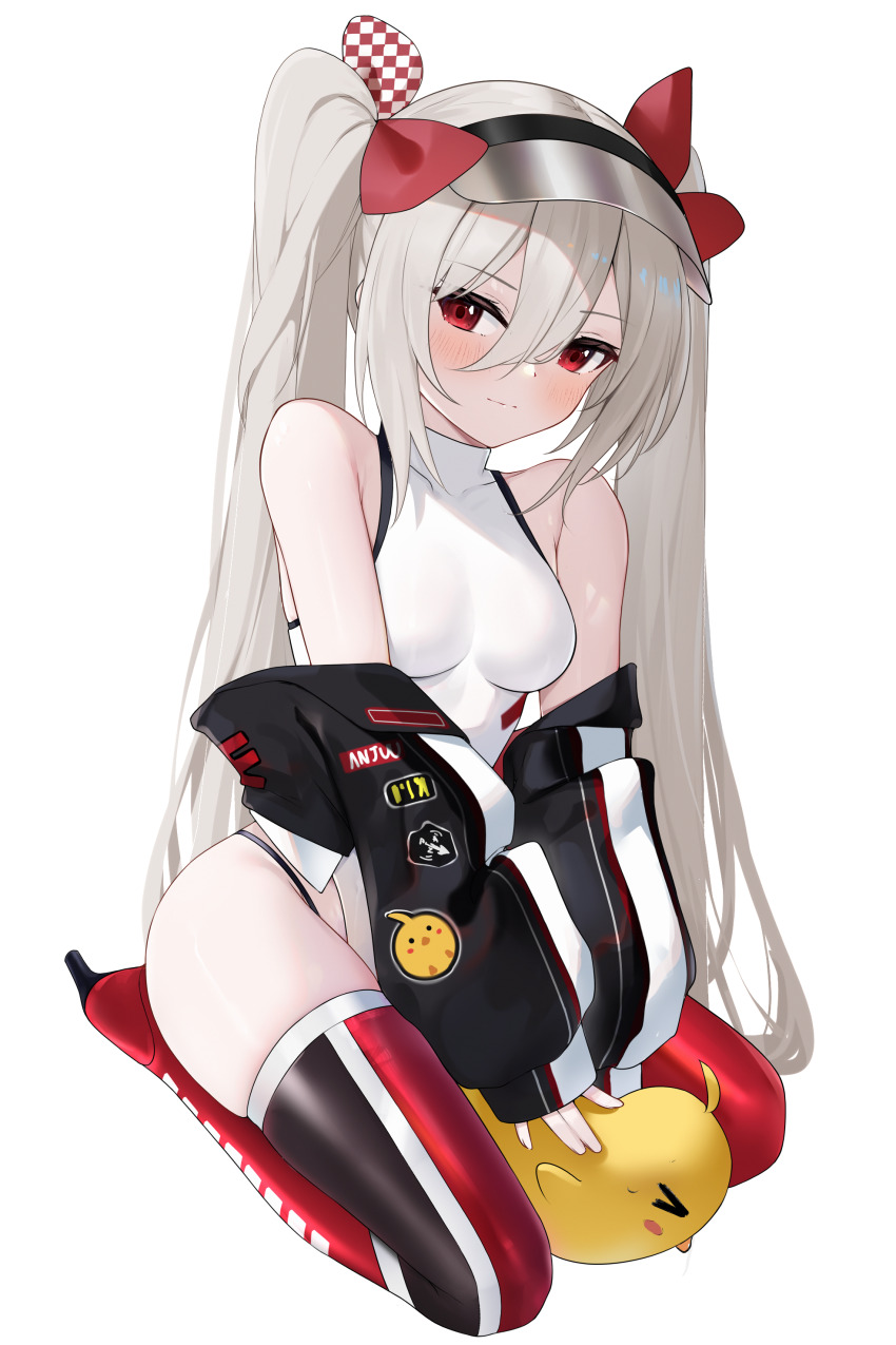&gt;_&lt; 1girl absurdres azur_lane bare_shoulders black_jacket blush breasts closed_mouth hair_ribbon high_heels highres jacket l&#039;audacieux_(azur_lane) l&#039;audacieux_(protector_beneath_the_parasol)_(azur_lane) leotard light_brown_hair long_hair looking_at_viewer manjuu_(azur_lane) multicolored_jacket official_alternate_costume race_queen red_eyes red_footwear red_ribbon ribbon simple_background skindentation small_breasts twintails two-tone_jacket very_long_hair vichya_dominion_(emblem) white_background white_jacket white_leotard zerotwenty_(020)