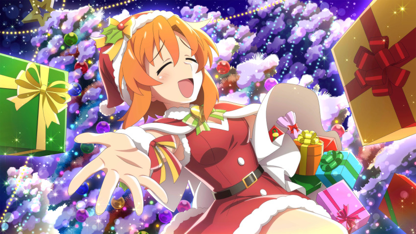 1girl :d ^_^ belt belt_buckle black_belt box buckle cape christmas christmas_tree closed_eyes cowboy_shot dress dutch_angle fur-trimmed_cape fur-trimmed_dress fur_trim game_cg gift gift_box hat highres higurashi_no_naku_koro_ni higurashi_no_naku_koro_ni_mei holding holding_sack lens_flare light_particles looking_ahead non-web_source official_art open_mouth orange_hair outdoors outstretched_arm red_cape red_dress ryuuguu_rena sack santa_costume santa_hat short_hair sleeveless sleeveless_dress smile solo sparkle winter