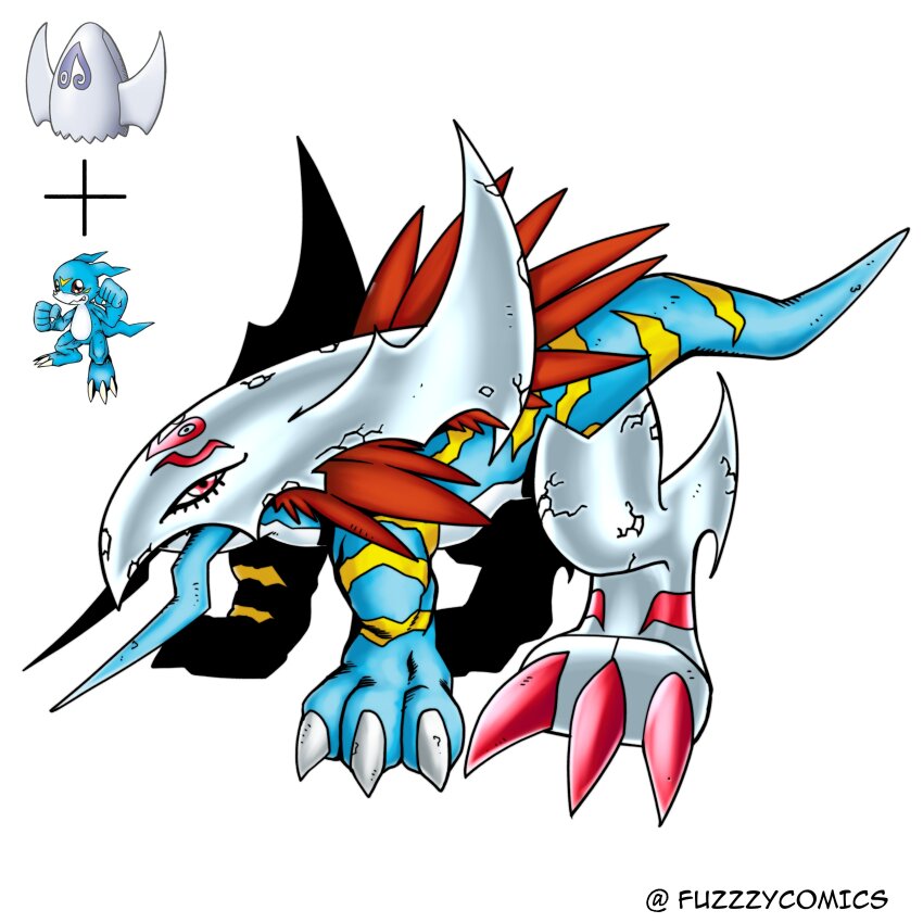 absurdres armor blue_skin claws colored_skin digimental digimental_of_love digimon digimon_(creature) feathers fuzzzycomics highres looking_at_viewer oridigi original red_eyes sethmon tail twitter_username v-mon