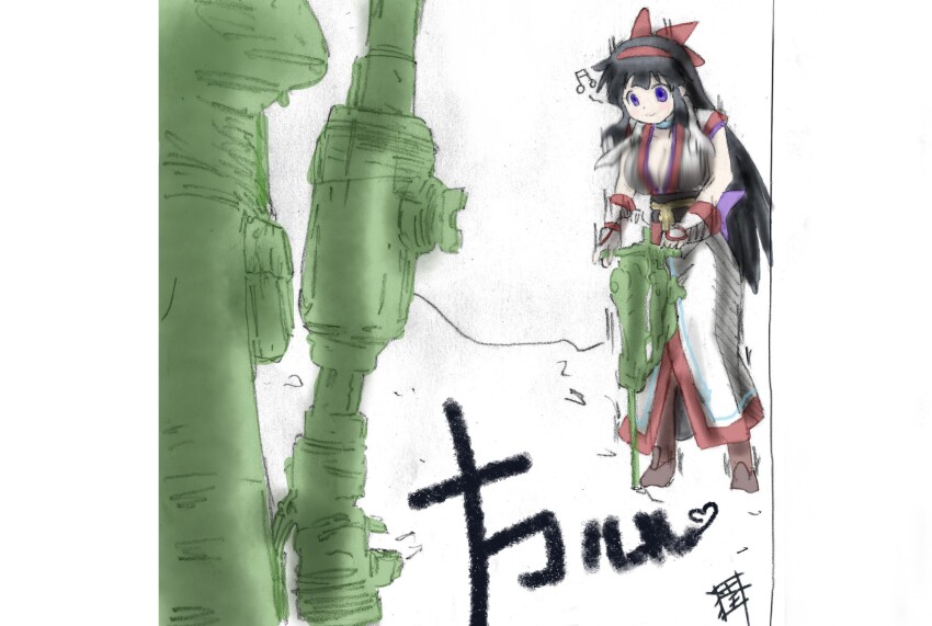 1girl ainu_clothes artist_name black_hair blush bouncing_breasts breasts cleavage construction fingerless_gloves gloves hair_ribbon highres jackhammer large_breasts legs long_hair looking_down musical_note nakoruru pantyhose pink_lips purple_eyes ribbon samurai_spirits smile snk solo the_king_of_fighters thighs traditional_media translated very_long_hair