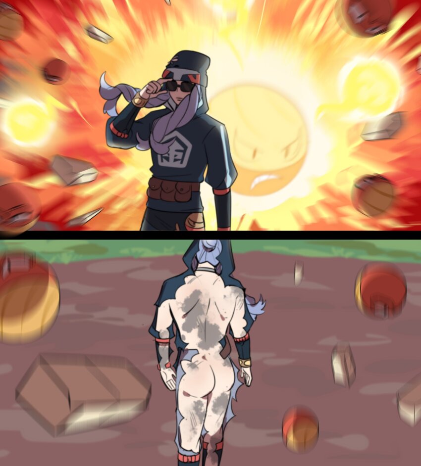 1boy armlet ass bag belt blurry blurry_background bracelet burnt burnt_clothes debris diamond_clan_outfit dirt explosion explosion_(pokemon) grass hair_bun highres hisuian_electrode hisuian_voltorb hood hooded_top hoodie jewelry long_hair male_focus melli_(pokemon) meme_request neck_ring nintendo pokemon pokemon_(creature) pokemon_legends:_arceus purple_hair saphirune satchel self-destruct_(pokemon) sunglasses
