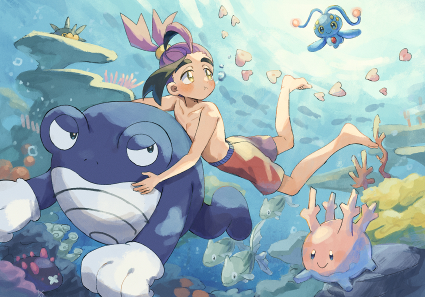 1boy :t barefoot black_hair blue_eyes blush bubble coral corsola gen_1_pokemon gen_2_pokemon gen_3_pokemon gen_4_pokemon gen_7_pokemon gen_8_pokemon highres kieran_(pokemon) legendary_pokemon luvdisc male_focus male_swimwear manaphy matsuda_(0yx38755230263c) mole mole_on_neck multicolored_hair mythical_pokemon nintendo pincurchin pokemon pokemon_(creature) pokemon_sv poliwrath purple_hair pyukumuku remoraid rock smile swim_trunks swimming topless_male underwater water yellow_eyes