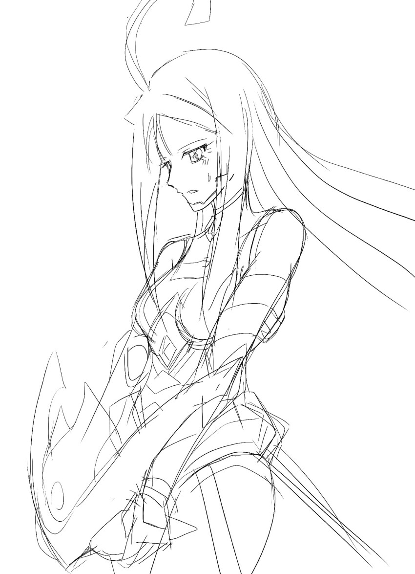 1girl armor armored_gloves armored_leotard breasts digimon digimon_(creature) female_focus helmet highres holding holding_helmet hudiemon leotard long_hair looking_down medium_breasts monochrome ph6xeivbgpimggg sketch skirt solo solo_focus thick_thighs thighhighs thighs