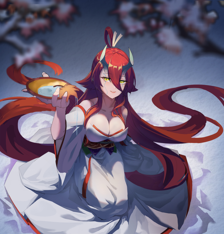 1girl absurdres alcohol bare_shoulders breasts brown_hair cleavage collarbone cup detached_sleeves diver_(765610768) fate/grand_order fate/requiem fate_(series) gradient_hair hair_between_eyes highres horns japanese_clothes kijo_kouyou_(fate) kijo_kouyou_(third_ascension)_(fate) kimono large_breasts leaf long_bangs long_hair looking_at_viewer maple_leaf multicolored_hair orange_hair ponytail rope sakazuki sake sash seiza sitting sleeveless sleeveless_kimono slit_pupils smile very_long_hair white_kimono wide_sleeves yellow_eyes
