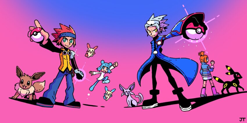 2boys 2girls :3 :d arm_up black_boots black_pants black_shirt black_shoes blue_coat blue_eyes blue_hair blue_headband blue_jacket blue_pants boots closed_mouth coat commentary double_bun dress eevee english_commentary espeon eyewear_on_head gen_1_pokemon gen_2_pokemon gen_3_pokemon glint goggles goggles_around_neck gradient_background green_eyes grey_hair hair_bun happy headband highres holding holding_poke_ball jacket james_turner jovi_(pokemon) jumping long_hair long_sleeves looking_at_viewer michael_(pokemon) minun multiple_boys multiple_girls nintendo open_mouth orange_hair outstretched_arm pants pink_boots plusle poke_ball poke_ball_(basic) pokemon pokemon_(creature) pokemon_colosseum pokemon_xd red_hair rui_(pokemon) shadow shirt shoes short_hair short_twintails signature simple_background skirt smile spiked_hair standing sunglasses twintails umbreon vest wes_(pokemon) white_dress white_skirt yellow_eyes yellow_vest