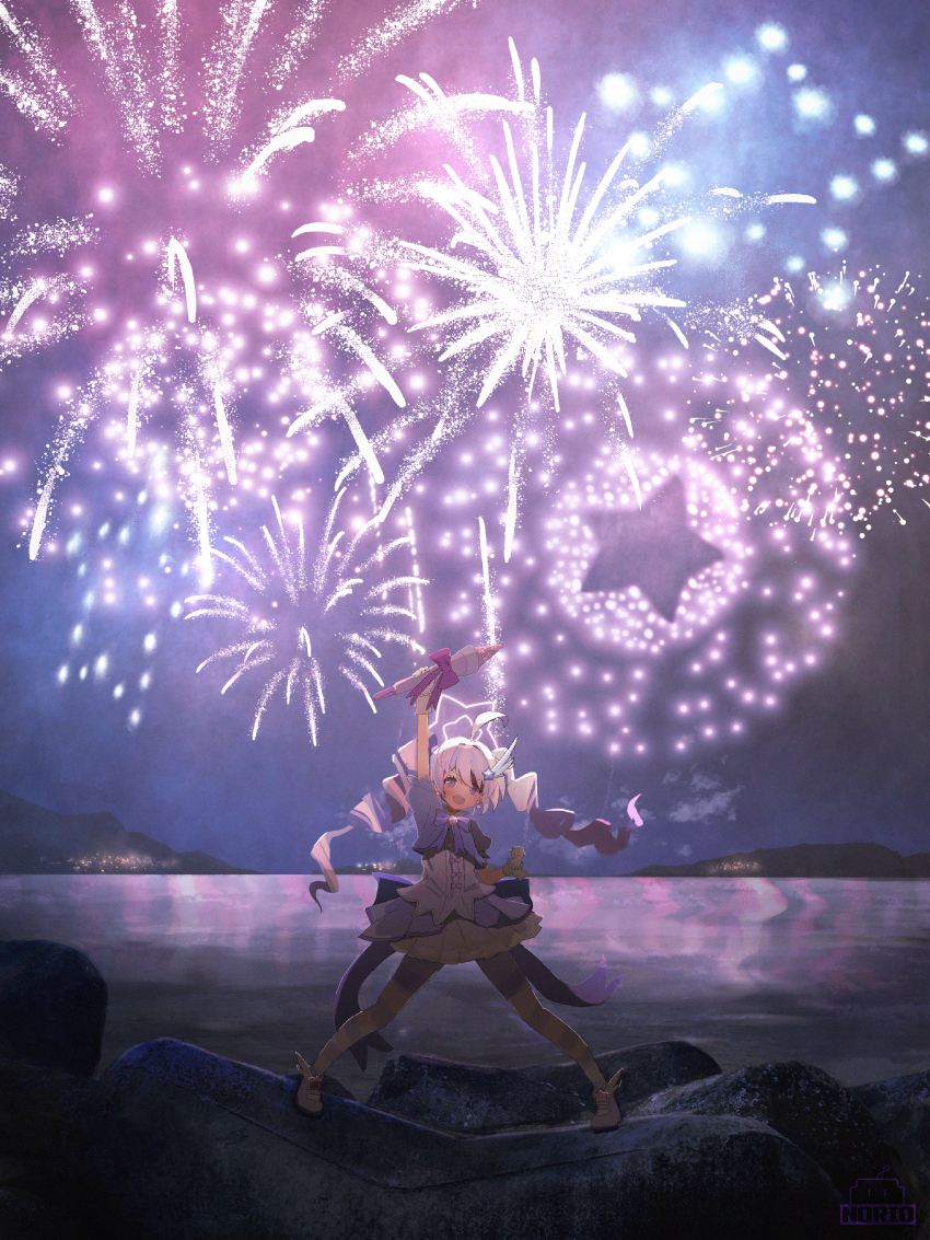 1girl absurdres arm_up blue_archive blue_hair clenched_hand commentary_request drill_hair fireworks gloves hair_between_eyes halo highres holding_rocket jacket long_hair looking_at_viewer magical_girl mountainous_horizon multicolored_hair norio_(norio386) off_shoulder official_alternate_costume open_mouth purple_eyes purple_hair purple_halo purple_jacket purple_shoes purple_skirt purple_thighhighs reisa_(blue_archive) reisa_(magical)_(blue_archive) rocket shirt shoes short_sleeves sidelocks skirt solo striped_clothes striped_thighhighs thighhighs twin_drills two-tone_hair white_gloves white_shirt