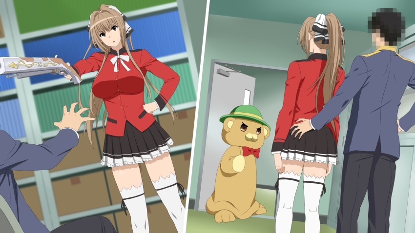 1boy 1girl amagi_brilliant_park at_gunpoint black_skirt blurry bookcase box breasts brown_eyes brown_hair cardboard_box censored censored_identity cottage depth_of_field door green_headwear gun hair_ribbon hand_on_own_hip high_ponytail highres large_breasts long_hair mascot moffle open_mouth pleated_skirt ponytail ribbon sento_isuzu skirt tagme thighhighs weapon zettai_ryouiki
