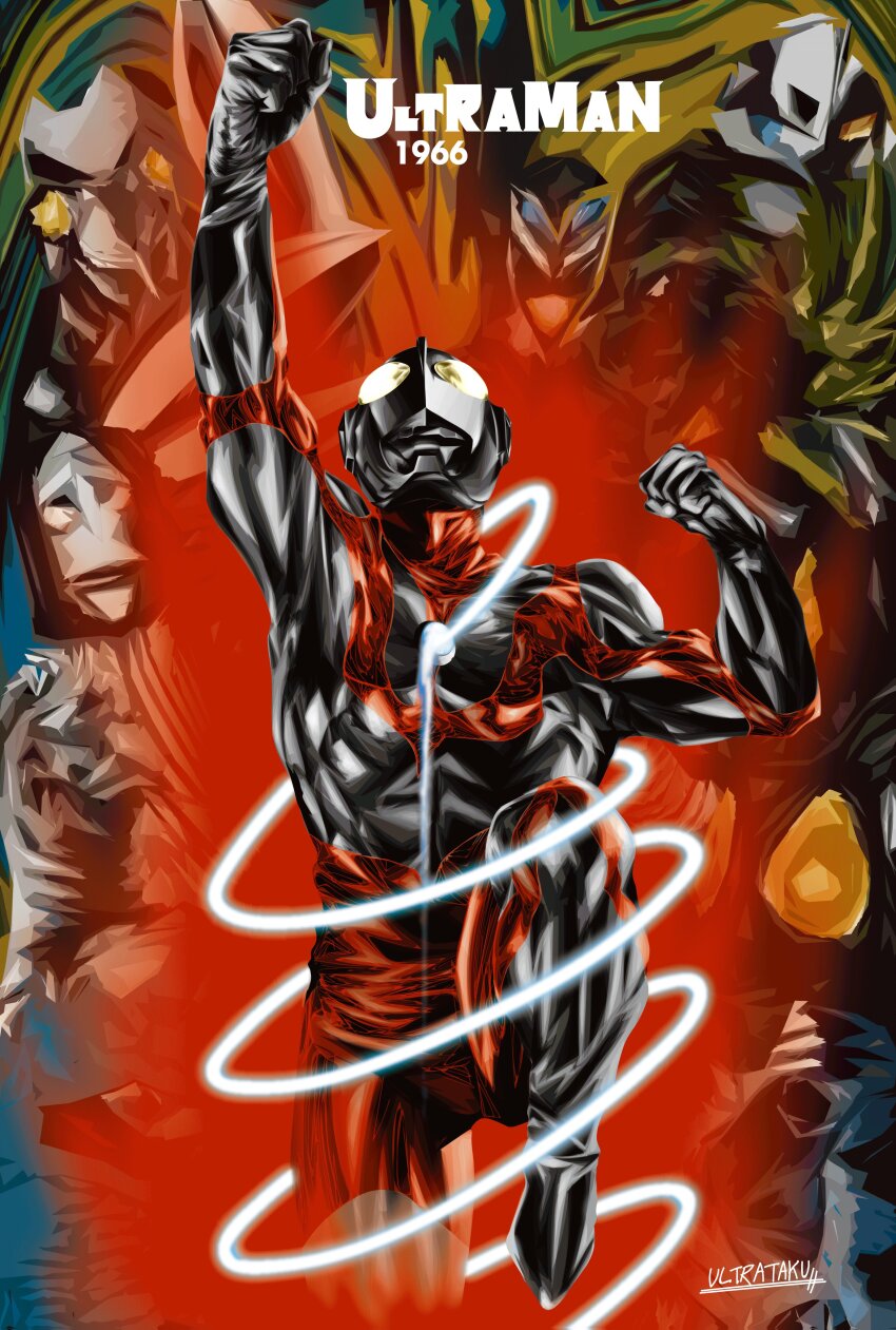 1966 6+boys abs abstract_background absurdres alien antennae arm_up artist_name aura baltan_seijin black_background black_carapace blue_background blue_eyes bug bullton carapace claws clenched_hands color_timer colored_skin colorful_background commentary compound_eyes copyright_name cowboy_shot dada_(ultra_series) dinosaur dorsal_fin energy english_commentary english_text glowing glowing_chest glowing_eyes glowing_mouth gradient_eyes highres jirass kaiju leg_up lips looking_up male_focus mephilas_seijin mixed-language_commentary monster multicolored_eyes multicolored_skin multiple_boys muscular muscular_male pectorals raised_fist red_aura red_skin signature silver_skin solo_focus tokusatsu two-tone_skin ultra_series ultraman ultraman_(1st_series) ultrataku white_eyes yellow_background yellow_eyes zarab_seijin zetton