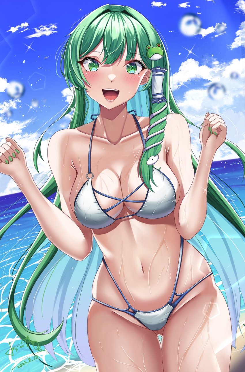1girl :d armpit_crease beach bikini blue_sky blush breasts cleavage collarbone commentary_request dated eyelashes frog_hair_ornament green_nails hair_ornament highres hossy kochiya_sanae large_breasts long_hair looking_at_viewer nail_polish navel ocean open_mouth sidelocks signature sky smile snake_hair_ornament solo sparkle swimsuit thighs tongue touhou water
