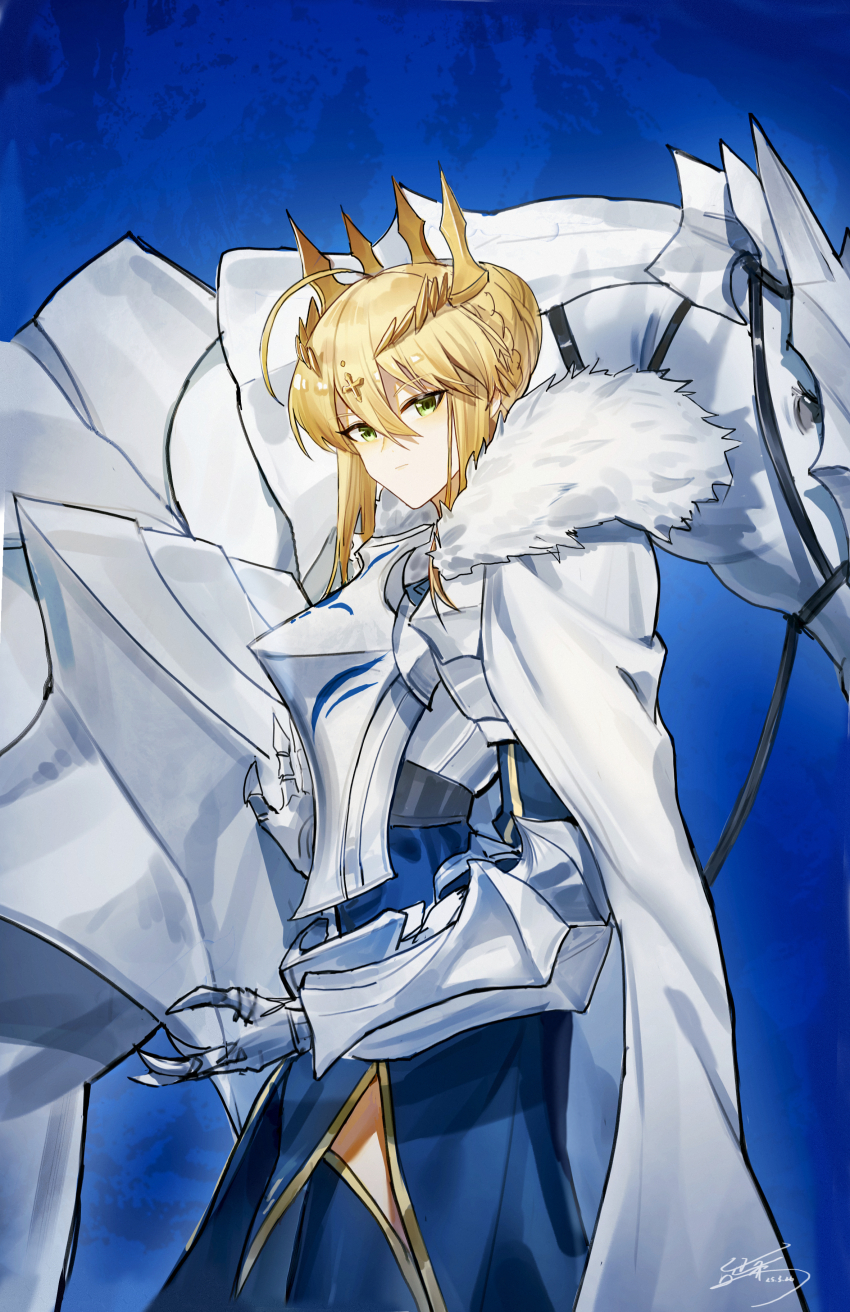 1girl absurdres armor armored_corset artoria_pendragon_(fate) breastplate cape closed_mouth fate/grand_order fate_(series) fur_trim gauntlets gold_tiara green_eyes highres horse signature sketch upper_body white_cape yisjhui