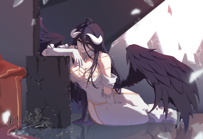 1girl absurdres albedo_(overlord) black_hair breasts cleavage demon_girl demon_horns dress gold_necklace highres horns jewelry kongchaolaog16738 large_breasts long_hair necklace overlord_(maruyama) solo
