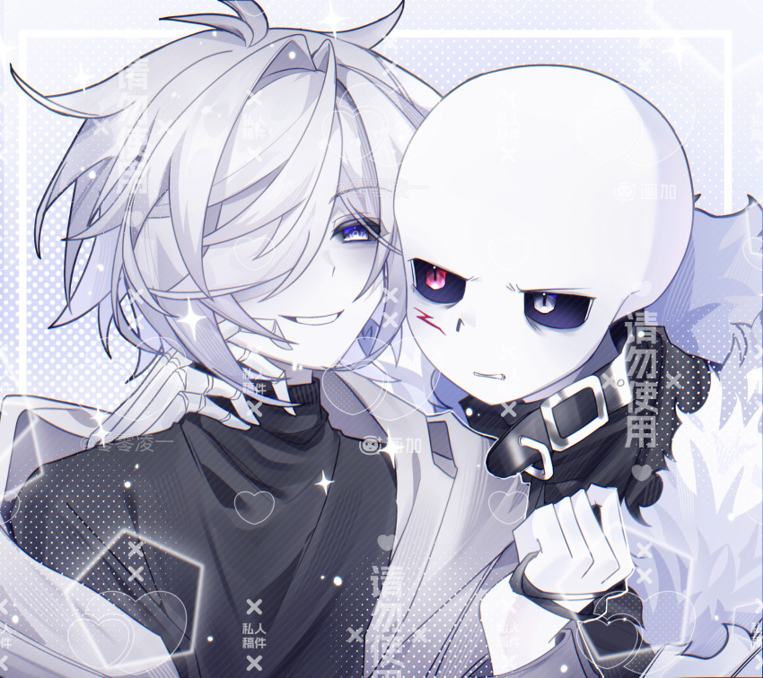 2boys :d aegyo_sal alternate_universe antenna_hair black_collar black_sclera black_sweater blue_eyes blush chara_(undertale) chinese_commentary chromatic_aberration clenched_teeth collar colored_sclera colored_skin commentary_request eye_contact facial_mark fur-trimmed_jacket fur_trim grey_background grin hair_over_one_eye half-closed_eyes halftone halftone_background hand_on_another&#039;s_neck hand_up heart heterochromia highres holding holding_leash hood hood_down hooded_jacket inset_border jacket leash lingxiankong1 long_sleeves looking_at_another male_focus multiple_boys one_eye_covered open_clothes open_jacket open_mouth red_eyes sans_(undertale) short_hair simple_background skeleton smile sparkle sweater teeth turtleneck turtleneck_sweater undertale upper_body utdr_(toby_fox) white_eyes white_hair white_jacket white_skin xtale