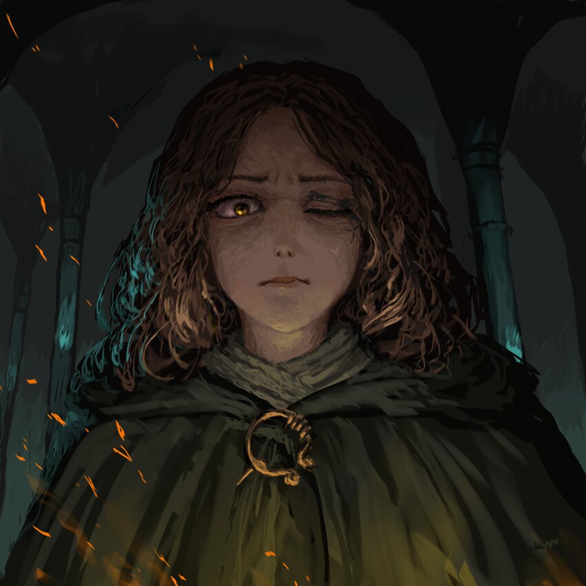 1girl absurdres alavyx brown_hair clasp cloak elden_ring fire frown highres looking_at_viewer medium_hair melina_(elden_ring) one_eye_closed solo yellow_eyes