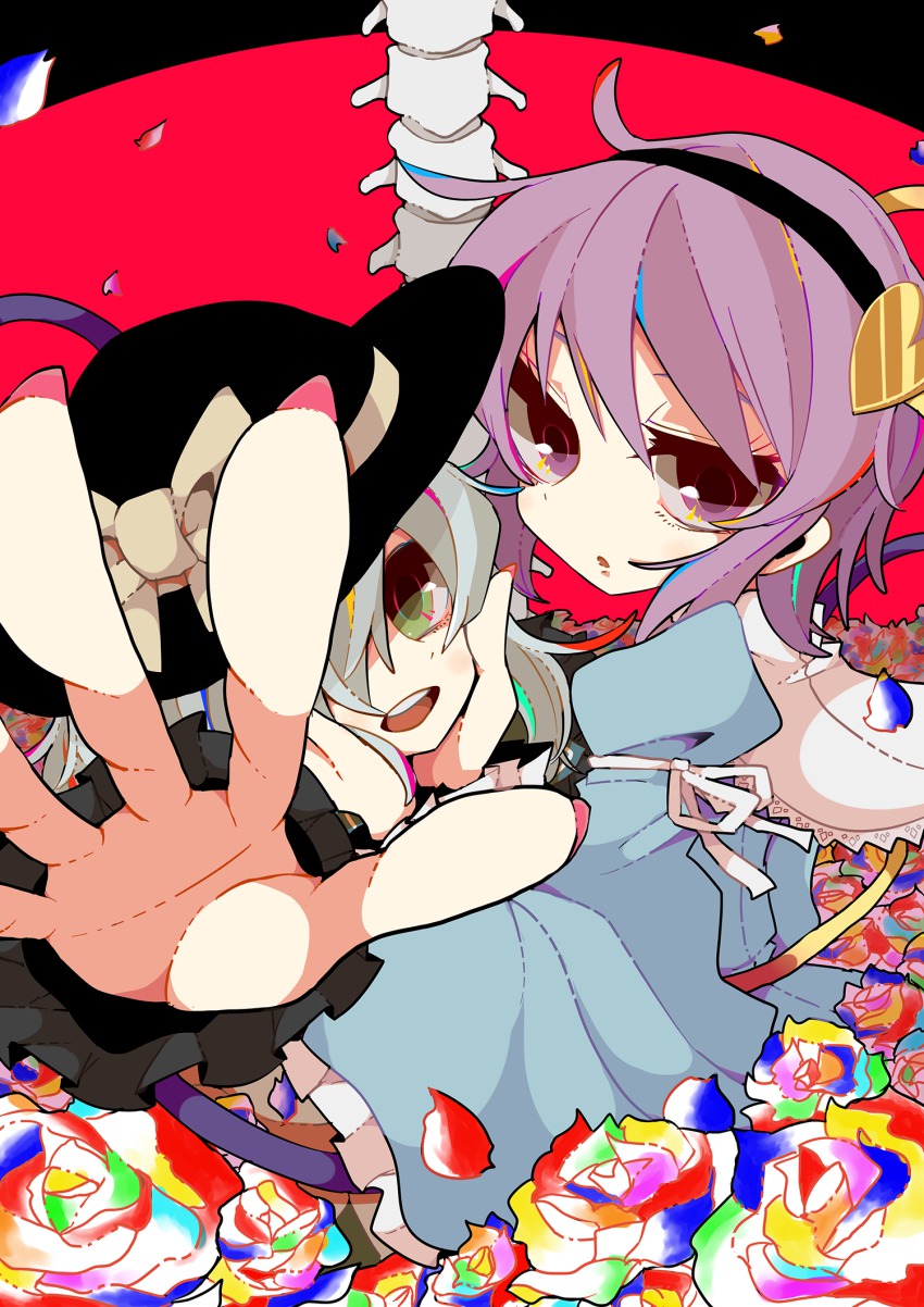 2girls blouse blue_shirt blush collared_shirt eyebrows_hidden_by_hair female_focus flower foreshortening green_eyes green_hair hairband hand_on_another&#039;s_face hat hat_ribbon heart highres komeiji_koishi komeiji_satori long_hair long_sleeves multicolored_flower multicolored_rose multiple_girls ngayope open_mouth outstretched_arm outstretched_hand pink_hair purple_eyes reaching reaching_towards_viewer ribbon rose shirt short_hair siblings sisters smile spine touhou wavy_hair wide_sleeves yellow_shirt