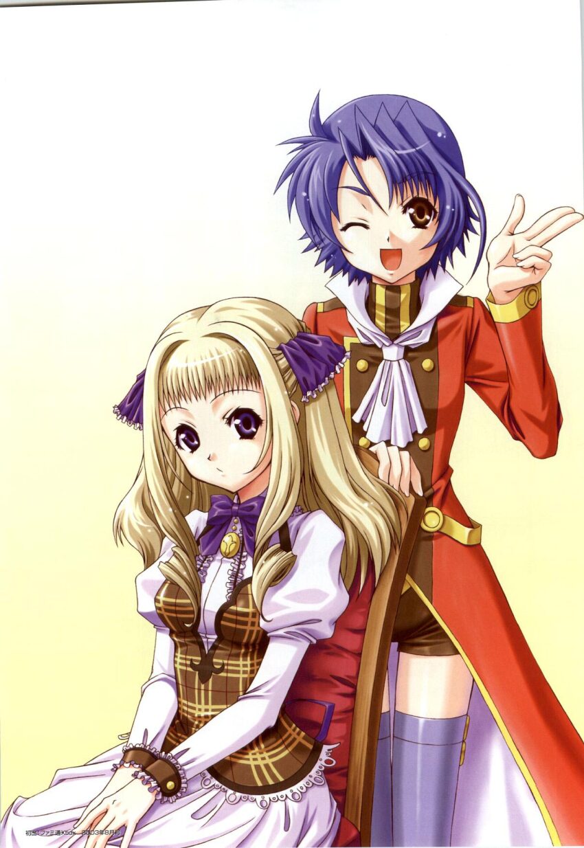 2girls :d ;d bistro_cupid bistro_cupid_(series) bistro_cupid_2 blonde_hair blue_eyes blue_hair bow brown_shorts coat copyright_name dress gradient_background hair_ornament heart highres long_sleeves looking_at_viewer military_uniform multiple_girls necktie one_eye_closed open_mouth pandaki_(aki) purple_ribbon red_coat ribbon scan short_shorts shorts simple_background sitting smile sorrel_nasturtium thyme_moschata white_dress white_necktie yellow_eyes