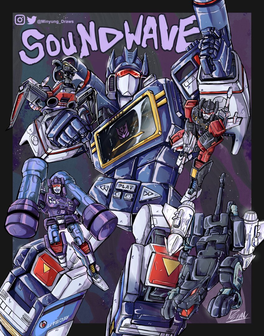 animal_on_arm bird bird_on_arm black_border border clenched_teeth decepticon frenzy_(transformers) gun highres holding holding_gun holding_weapon instagram_logo laserbeak looking_at_viewer looking_up mecha mecha_focus minyung no_humans non-humanoid_robot open_mouth orange_eyes outside_border ravage_(transformers) robot robot_animal rumble_(transformers) science_fiction smile soundwave_(transformers) teeth transformers twitter_logo weapon