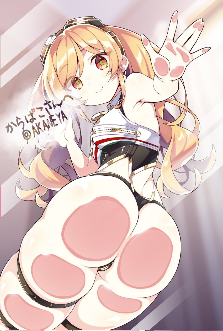 1girl against_glass akaneya armpits artist_name ass ass_focus ass_on_glass ass_press azur_lane blonde_hair breast_zipper breasts commentary_request commission crotch_zipper from_below goggles goggles_on_head green_eyes hand_on_glass highres huge_ass leonardo_da_vinci_(azur_lane) long_hair looking_at_viewer medium_breasts multicolored_eyes off_shoulder orange_eyes panties revealing_clothes second-party_source skeb_commission smile solo swept_bangs thigh_strap thighs thong twintails twitter_username underwear wide_hips zipper zipper_pull_tab