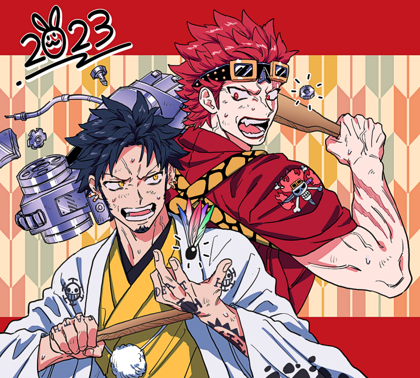 2023 2boys arm_tattoo black_hair commentary_request earrings eustass_kid facial_hair fang finger_tattoo gears goatee goggles goggles_on_head gold_earrings hagoita hand_tattoo hand_up hane_(hanetsuki) haori haori_himo holding holding_paddle japanese_clothes jewelry kimono male_focus mechanical_arms multiple_boys one_piece open_clothes open_mouth paddle red_background red_eyes red_hair red_kimono red_lips screw short_hair sideburns single_mechanical_arm spiked_hair sweat tasuki tattoo teeth trafalgar_law v-shaped_eyebrows veins veiny_arms white_haori yagasuri yakumo_(ykm) yellow_eyes yellow_kimono