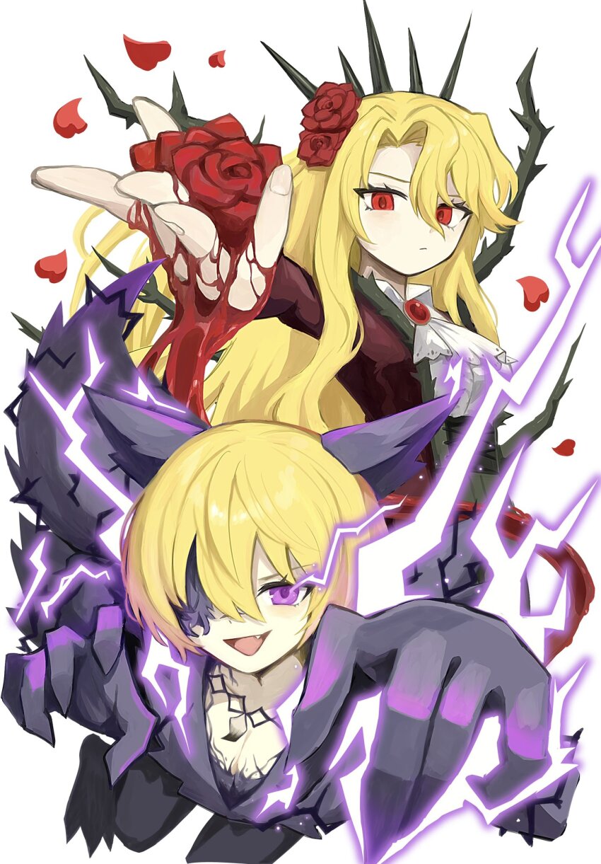 2girls animal_ears ascot black_claws black_corset blonde_hair blood blood_on_hands bob_cut breasts claws cleavage closed_mouth collared_shirt corset don_quixote_(project_moon) e.g.o_(project_moon) falling_petals fang flower gem hair_between_eyes hair_flower hair_ornament hair_over_one_eye highres holding holding_flower jewelry la_manchaland_(identity)_(project_moon) lightning limbus_company long_hair looking_at_viewer multiple_girls necklace official_alternate_costume open_mouth outstretched_hand petals project_moon purple_eyes purple_lightning red_eyes red_flower red_gemstone red_rose ro/ku rose sancho_(project_moon) serious shirt simple_background tail telepole_(e.g.o) thorns wavy_hair white_background white_shirt