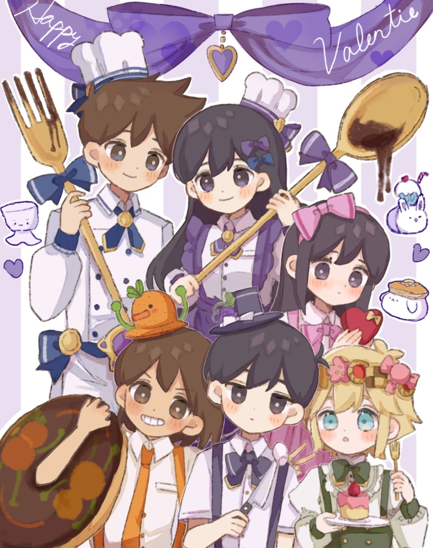 2girls 4boys aubrey_(faraway)_(omori) aubrey_(omori) basil_(faraway)_(omori) basil_(omori) black_eyes black_hair blue_bow blush bow brown_eyes brown_hair chef_hat closed_mouth dark-skinned_male dark_skin donut food fork grin hair_bow happy_valentine hat heart hero_(faraway)_(omori) hero_(omori) highres holding holding_fork holding_knife holding_plate kel_(faraway)_(omori) kel_(omori) knife long_hair long_sleeves mari_(faraway)_(omori) mari_(omori) milkshake_bunny_(omori) mugi062 multiple_boys multiple_girls omori pancake_bunny_(omori) parted_lips pink_bow plate purple_bow short_hair short_sleeves smile snaley_(omori) teeth white_hat