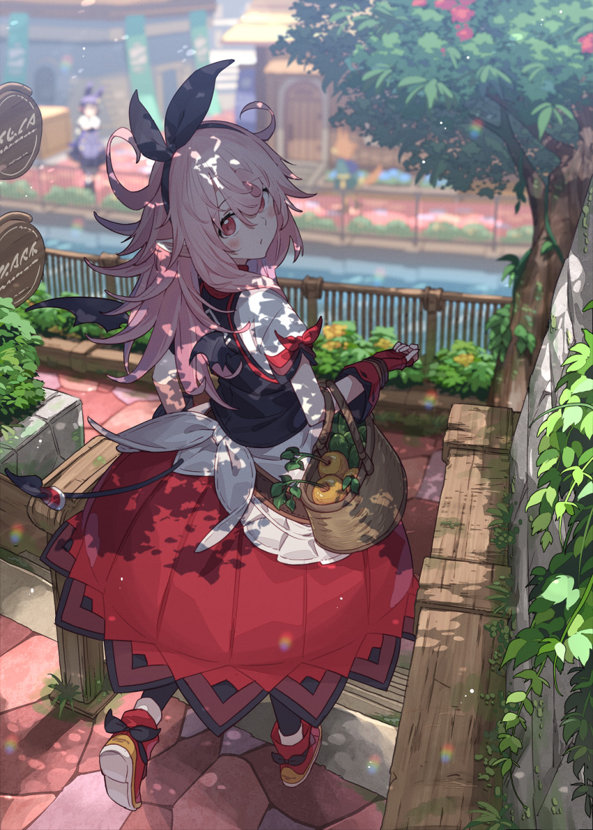 2girls :o basket bench black_bow black_vest blurry blurry_background blush bow brick_road building bush commentary_request door dress elbow_carry fence full_body gloves hair_bow highres holding holding_basket long_hair looking_at_viewer looking_back multiple_girls narumi_arata original outdoors parted_lips pink_hair purple_dress purple_hair radish recri_(narumi_arata) red_eyes red_footwear red_gloves red_skirt river shirt shoes short_hair short_sleeves sign skirt socks stairs tree vest white_shirt white_socks