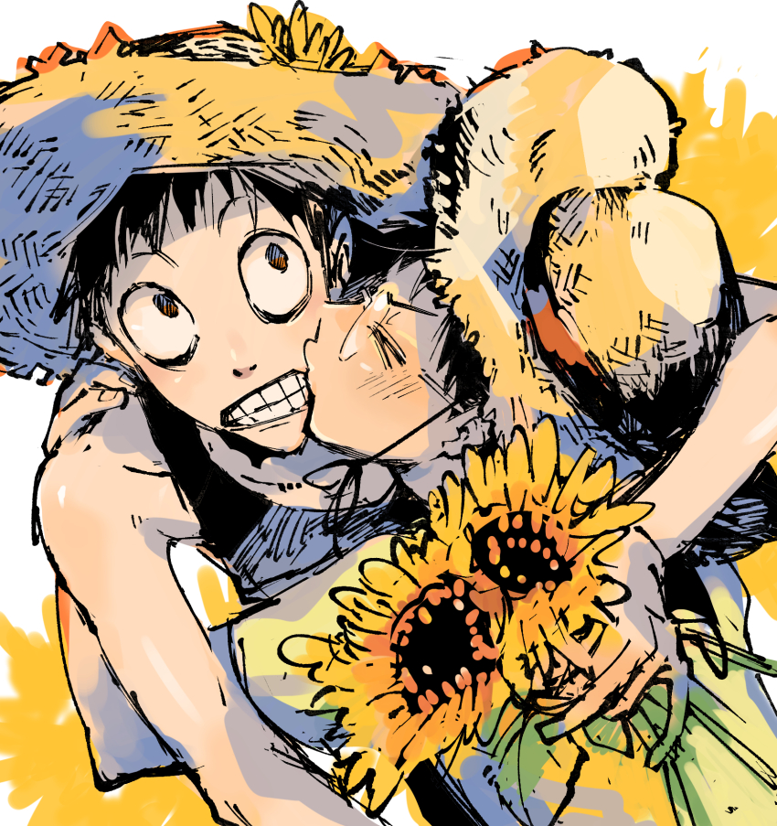 &gt;_&lt; 2boys bags_under_eyes black_hair black_tank_top blush brown_eyes clenched_teeth collarbone commentary_request flower glasses hand_on_another&#039;s_shoulder hat highres holding holding_flower hug kiss kissing_cheek leaning_forward looking_up male_focus midousuji_akira multiple_boys onoda_sakamichi open_mouth pale_skin pinky_out raised_eyebrows shade shirt short_hair simple_background straw_hat sunflower t-shirt tank_top teeth v-shaped_eyebrows white_background yaoi yellow_shirt youkaichan yowamushi_pedal