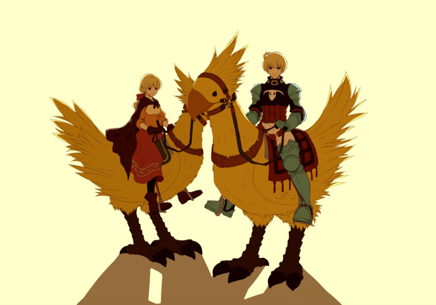 1boy 1girl ahoge alma_beoulve armor beak belt black_eyes blonde_hair bow breasts brown_gloves cape final_fantasy final_fantasy_tactics full_body gauntlets gloves hair_bow long_hair long_skirt long_sleeves looking_at_viewer ponytail ramza_beoulve red_bow red_skirt riding saddle sash shade shoulder_pads simple_background skirt smile standing stardance20 straddling talons thighhighs yellow_background