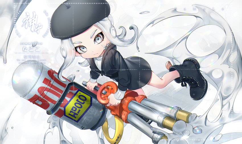 1girl artist_name beret black_footwear black_hat black_jacket closed_mouth commission commissioner_name expressionless full_body grey_background hat highres holding holding_weapon hydra_splatling_(splatoon) jacket jinkoika long_sleeves medium_hair nintendo octoling octoling_girl octoling_player_character paint_splatter paint_splatter_on_face parted_bangs sample_watermark solo splatoon_(series) standing sweater tentacle_hair turtleneck turtleneck_sweater watermark weapon white_eyes white_hair white_sweater