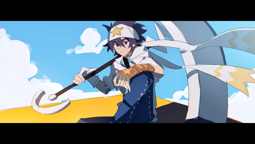 1boy 404iamthetruth aotu_world arm_on_knee asymmetrical_gloves bandana black_hair blue_pants blue_sky brown_gloves chinese_commentary closed_mouth cloud cloudy_sky day fingerless_gloves gloves hair_between_eyes hammer headband highres holding holding_hammer holding_weapon knee_up letterboxed looking_at_viewer male_focus outdoors pants purple_eyes ray_(aotu_world) sitting sky smile solo star_(symbol) star_print weapon white_gloves white_headband