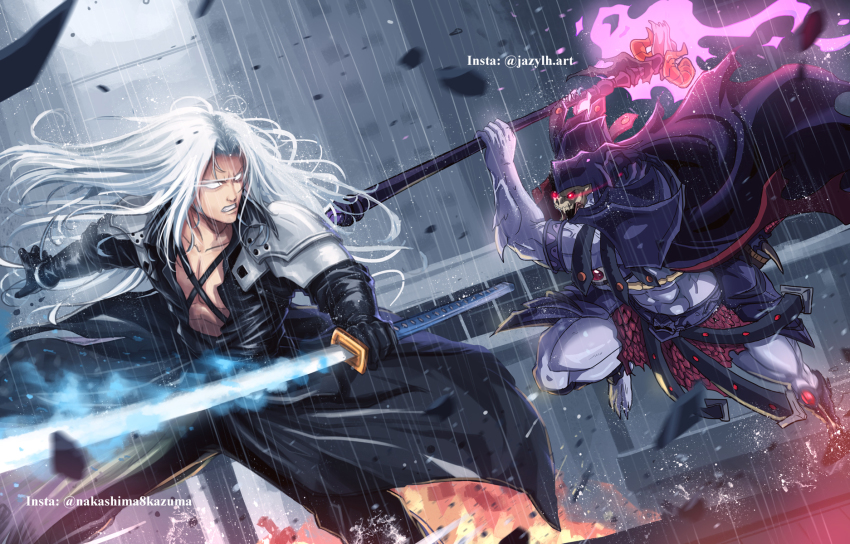 2boys armor artist_name battle building commentary crossover duel english_commentary explosion final_fantasy final_fantasy_vii gloves glowing glowing_eyes highres holding holding_staff holding_sword holding_weapon hood jazylh long_hair male_focus masters_of_the_universe multiple_boys muscular rain red_eyes sephiroth signature silver_hair skeletor skull skull_head staff sword toy_block weapon