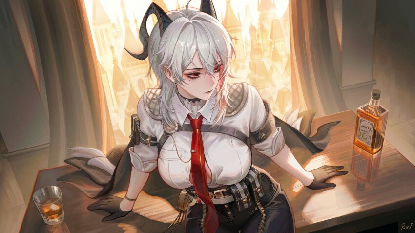 1girl absurdres alcohol arm_pouch armband black_armband black_choker black_gloves black_horns black_jacket black_pants black_pouch breasts button_gap chest_harness choker closed_mouth collared_shirt commentary curled_horns earrings gloves hair_between_eyes harness highres horns indoors jacket jacket_on_shoulders jewelry key_earrings large_breasts looking_to_the_side mole mole_under_eye necktie on_table pants red_eyes red_necktie roci_mello_(naofaro) shirt shirt_tucked_in signature sitting sleeves_rolled_up solo table whiskey white_shirt wuthering_waves zani_(wuthering_waves)