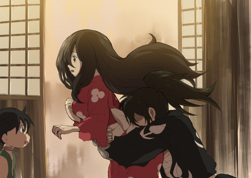 1boy 2girls black_eyes black_hair black_kimono dororo_(tezuka) hetero hug hug_from_behind hyakkimaru_(dororo) indoors japanese_clothes kimono long_hair mio_(dororo) multiple_girls open_mouth ponytail red_kimono shouji sliding_doors yamatomoti