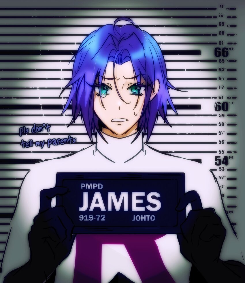 1boy barbie_(franchise) barbie_(live_action) barbie_mugshot_(meme) blue_hair crying deitycyla green_eyes highres james_(pokemon) meme nintendo pokemon pokemon_(anime) prison prisoner sad team_rocket tears