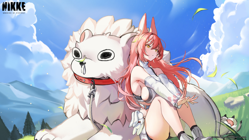 1girl 1other @_@ absurdres animal_collar animal_ear_fluff animal_ears armpits bare_shoulders bike_shorts blue_sky blush breasts cloud collar day detached_sleeves goddess_of_victory:_nikke grass hair_between_eyes hair_intakes highres knees_up large_breasts leona_(nikke) lion long_hair nervous official_art outdoors pink_hair runny_nose second-party_source shirt sideboob sideless_shirt sidelocks sitting sky snot sunlight tail timi_(nikke) watermark white_shirt yellow_eyes zipper