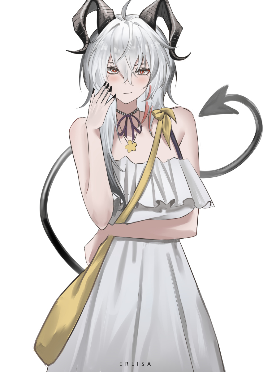 1girl absurdres ahoge alternate_costume arm_under_breasts artist_name bare_shoulders black_horns black_nails black_tail blush breasts closed_mouth commentary cowboy_shot curled_horns demon_tail dress english_commentary erlisa_takanashi fingernails flower flower_necklace grey_hair hair_between_eyes hand_up highres horns jewelry large_breasts long_hair looking_at_viewer mole mole_under_eye multicolored_hair nail_polish necklace red_eyes simple_background smile solo streaked_hair tail white_background white_dress wuthering_waves zani_(wuthering_waves)