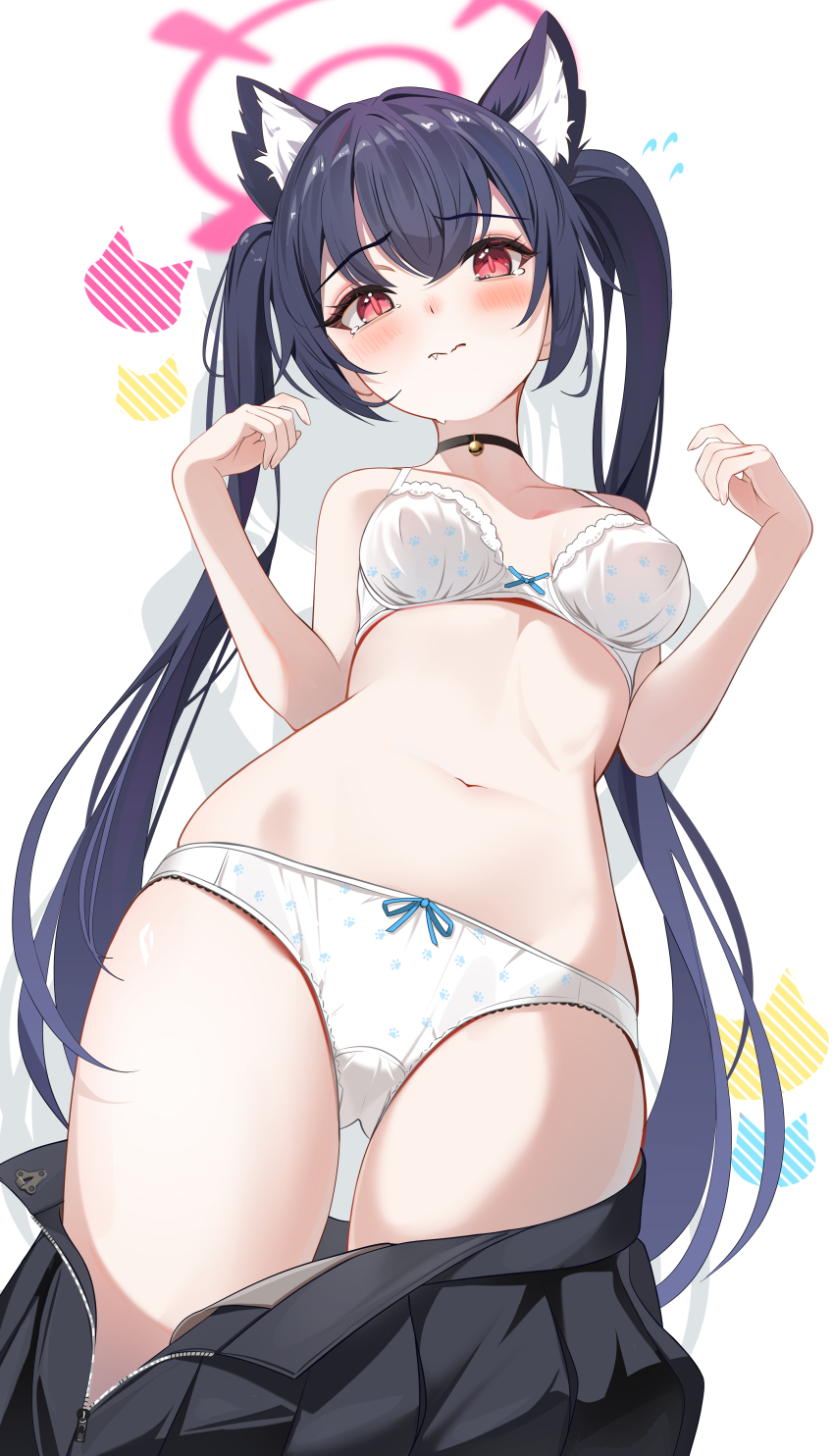 1girl absurdres animal_ear_fluff animal_ears black_choker black_skirt blue_archive blush bra breasts cat_ears cat_girl choker closed_mouth clothes_pull commentary_request extra_ears fang fang_out halo hands_up highres long_hair looking_at_viewer navel panties pink_halo red_eyes serika_(blue_archive) sikimosh simple_background skindentation skirt skirt_pull slit_pupils small_breasts solo stomach tearing_up thighs twintails underwear very_long_hair white_background white_bra white_panties zipper_skirt