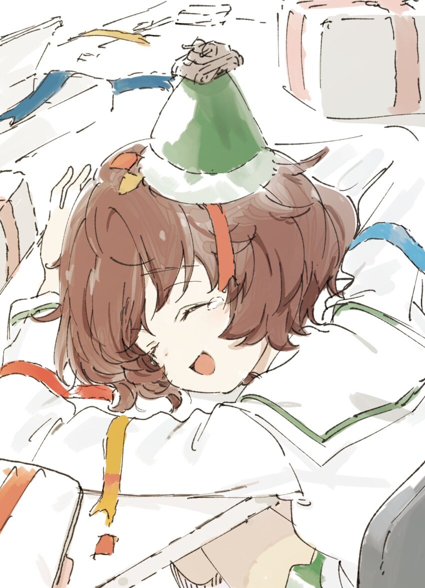 1girl :d akiyama_yukari blue_ribbon blush bob_cut box breasts brown_hair chair closed_eyes confetti desk from_above from_behind from_side gift gift_box girls_und_panzer green_hat green_skirt green_trim hands_on_table happy hat head_on_table highres light_blush messy_hair military_vehicle motor_vehicle on_chair ooarai_school_uniform open_box open_mouth party party_hat raised_eyebrows red_ribbon ribbed_socks ribbon sailor_collar saitou_atsushi_(kamatamanankotu) school_uniform shirt short_hair sitting sketch skirt small_breasts smile socks solo tank tearing_up third-party_source white_sailor_collar white_shirt white_socks white_trim yellow_ribbon
