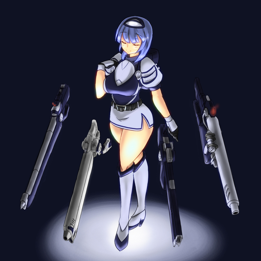 armored_core armored_core:_for_answer armored_core_4 blue_hair closed_eyes curvy energy_gun fromsoftware high_heels high_laser_rifle laser_rifle mecha_musume plasma_rifle rail_gun skirt smile thick_thighs thighs weapon y01-tellus