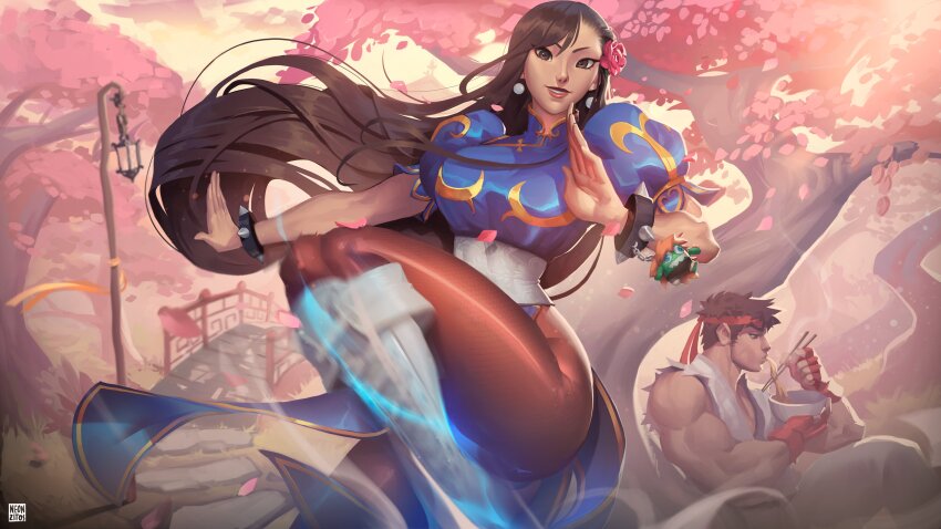 absurdres alternate_hair_length alternate_hairstyle bracelet brown_hair brown_pantyhose capcom china_dress chinese_clothes chun-li dress eating eyeliner fighting_stance flower food grin hair_flower hair_ornament highres jewelry leg_focus leg_up long_hair looking_at_viewer makeup neon_(neonzitos) noodles outdoors pantyhose puffy_short_sleeves puffy_sleeves red_eyeliner ryu_(street_fighter) sash short_sleeves smile spiked_bracelet spikes standing standing_on_one_leg street_fighter street_fighter_ii_(series) very_long_hair white_sash