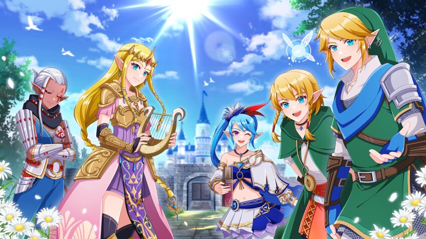 1boy 1other 4girls absurdres anniversary armor blue_sky book braid castle crossed_arms dark-skinned_female dark_skin fairy fuwafuwallen harp highres hyrule_warriors impa instrument jewelry lana_(hyrule_warriors) link linkle looking_at_viewer multiple_girls necklace nintendo pointy_ears princess_zelda reaching reaching_towards_viewer scarf side_ponytail single_braid sky sun the_legend_of_zelda tiara twin_braids twintails