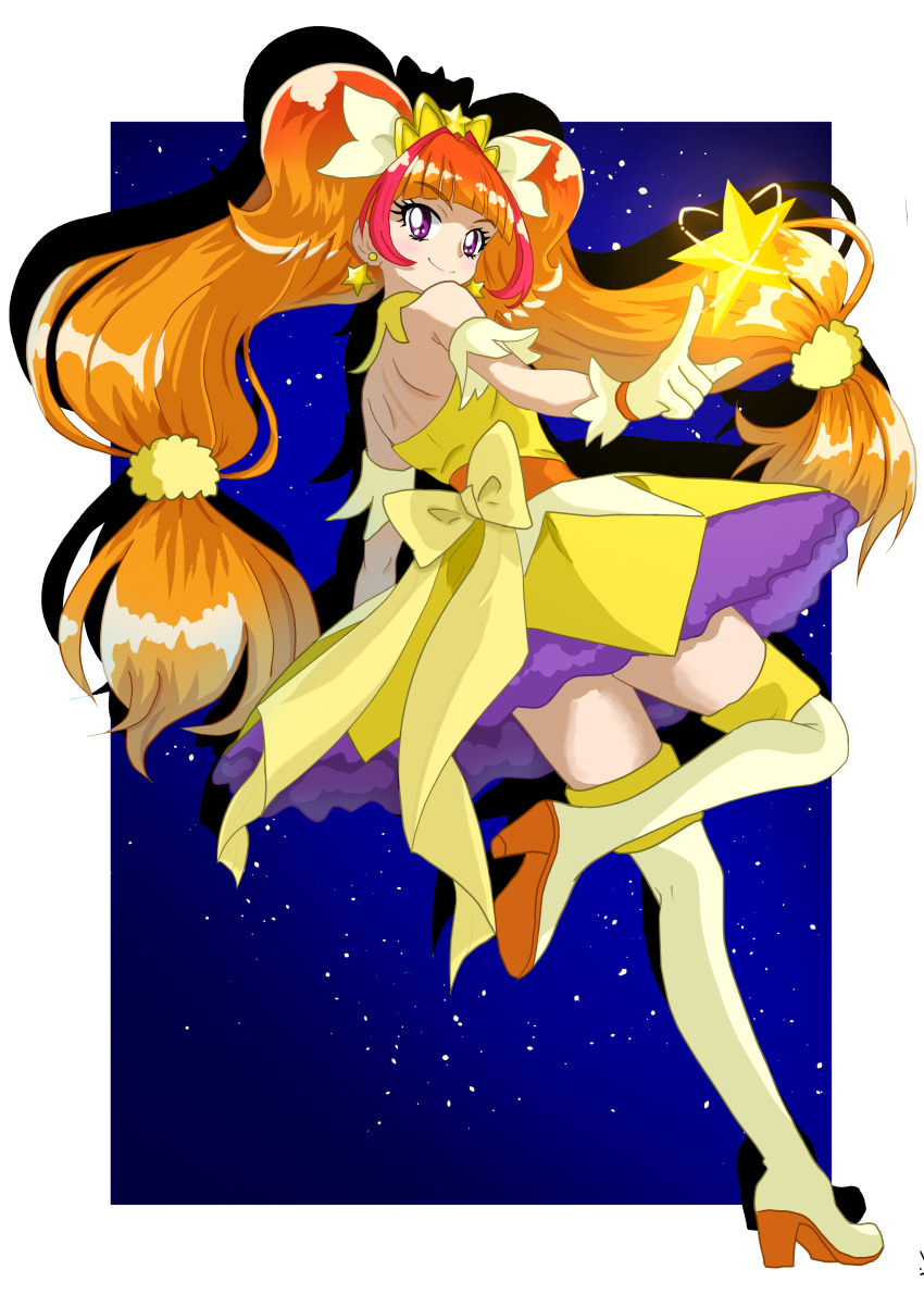 1girl absurdres amanogawa_kirara back bare_back bare_shoulders blunt_bangs boots bow cure_twinkle dress earrings gloves go!_princess_precure high_heels highres jewelry long_hair looking_at_viewer low-tied_long_hair low_twintails night night_sky orange_hair pointing precure purple_bow purple_eyes sky smile star_(sky) star_(symbol) star_earrings starry_sky strapless strapless_dress thigh_boots thighhighs twintails white_gloves yellow_collar zettai_ryouiki