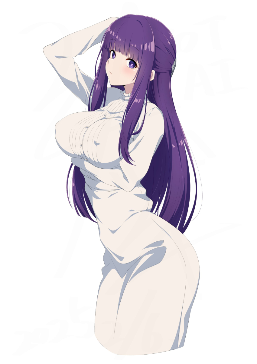 1girl absurdres arm_under_breasts blunt_bangs blush breasts closed_mouth covered_erect_nipples cropped_legs dress fern_(sousou_no_frieren) half_updo hand_on_own_head highres large_breasts long_hair long_sidelocks long_sleeves looking_at_viewer nishizuki_shino purple_eyes purple_hair purple_pupils sidelocks simple_background solo sousou_no_frieren standing straight_hair white_dress