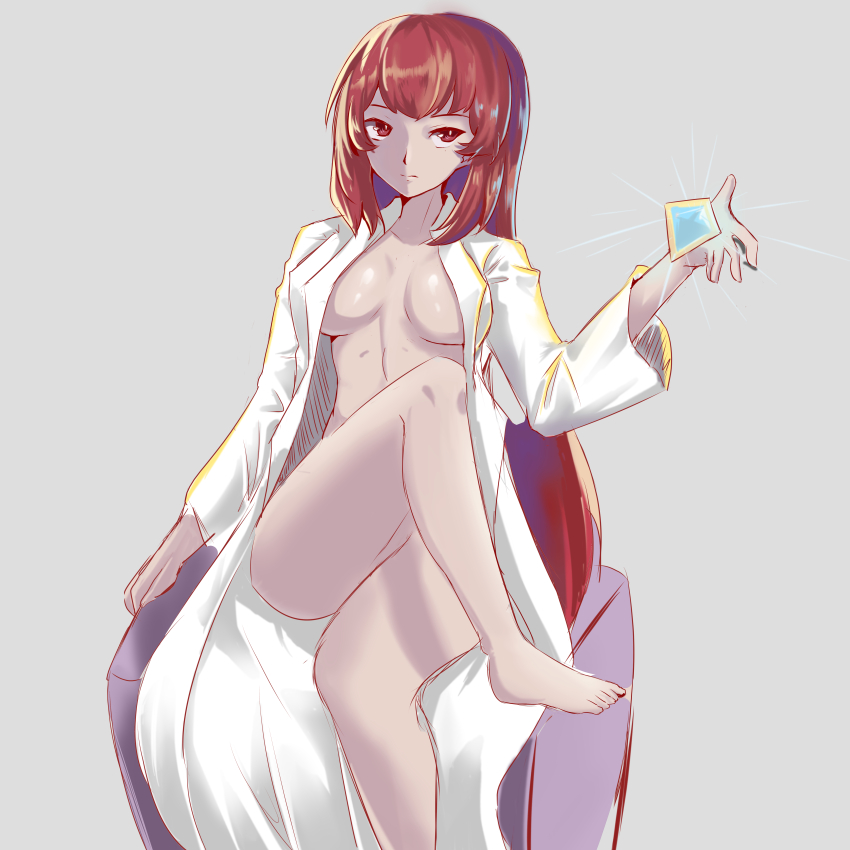 1girl absurdres barefoot breasts chinese_commentary closed_mouth convenient_leg crossed_legs crystal expressionless feet foot_out_of_frame glowing grey_background highres holding lab_coat lab_coat large_breasts long_hair long_sleeves looking_up mon-musu_quest! naked_lab_coat promestein red_eyes red_hair simple_background sitting solo toes very_long_hair xzmdsl
