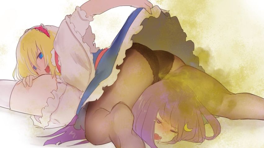 13o 2girls alice_margatroid fart fart farting_in_face multiple_girls patchouli_knowledge simple_background sitting sitting_on_head sitting_on_person smell tagme tongue tongue_out touhou white_background