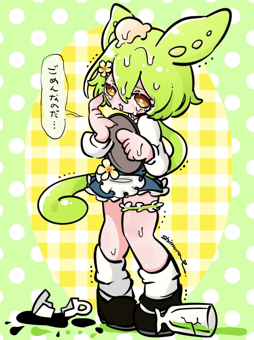 1girl :3 accident apron blue_skirt border bright_pupils coffee crack cracked_glass crying crying_with_eyes_open cup drinking_glass fingernails flower food food_on_head green_border hair_flower hair_ornament highres holding holding_tray ice_cream_scoop_(utensil) index_finger_raised long_fingernails long_hair long_sleeves looking_at_viewer low_ponytail miniskirt object_on_head official_alternate_costume open_mouth oval_background pigeon-toed plaid_background polka_dot_border ponytail shimura_(hatimitsutoast2) shirt signature skindentation skirt solo speech_bubble spill teacup tears thigh_strap tray trembling very_long_hair voicevox waitress waitress_zundamon white_apron white_pupils white_shirt yellow_background yellow_eyes yellow_flower zundamon